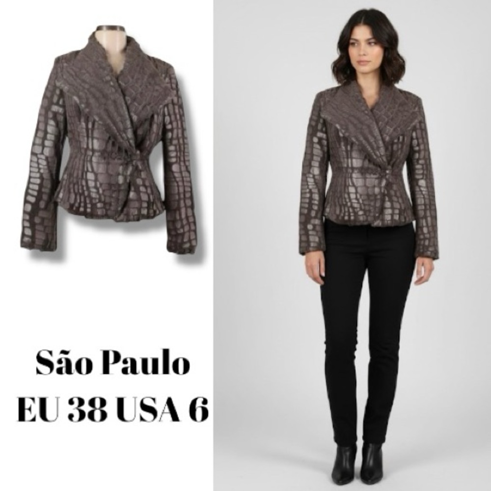 SÃO PAULO Blazer Women’s EU 38 US 8 Croc Alligator Reptile Taupe Faux Fur Jacket